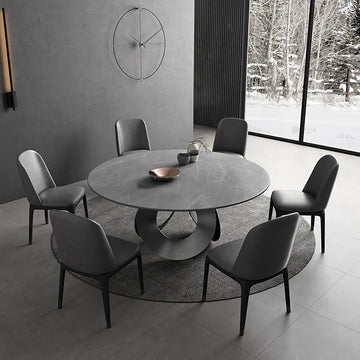 51.2"Round Black Dining Table with Stone Top & Carbon Steel Base